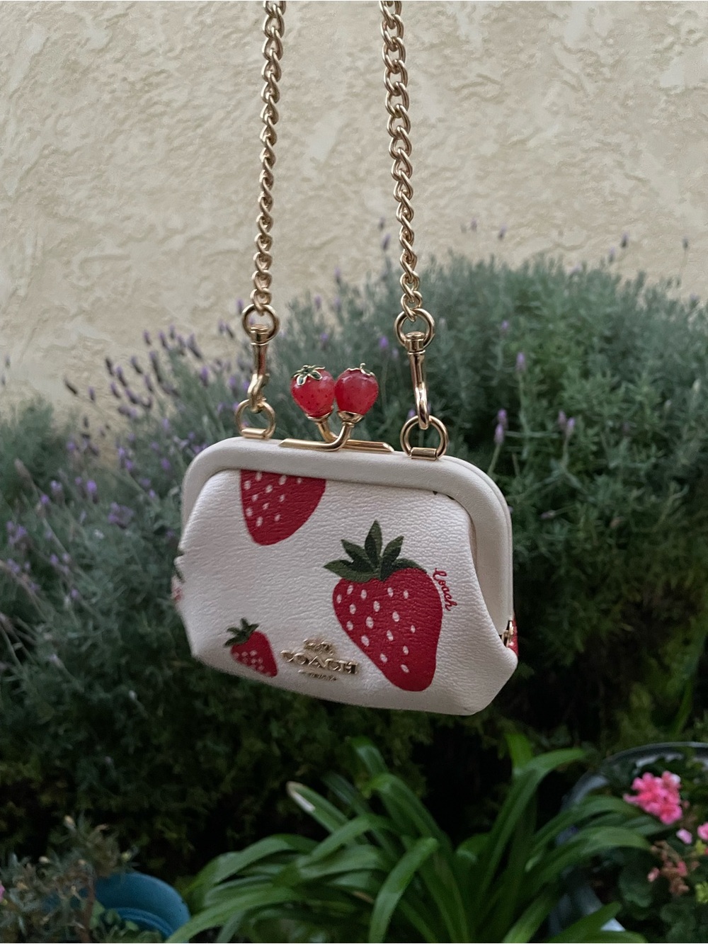 Coach Cream Mini Frame Bag with Red Strawberry Print and Gold Chain - Picture 8 of 11